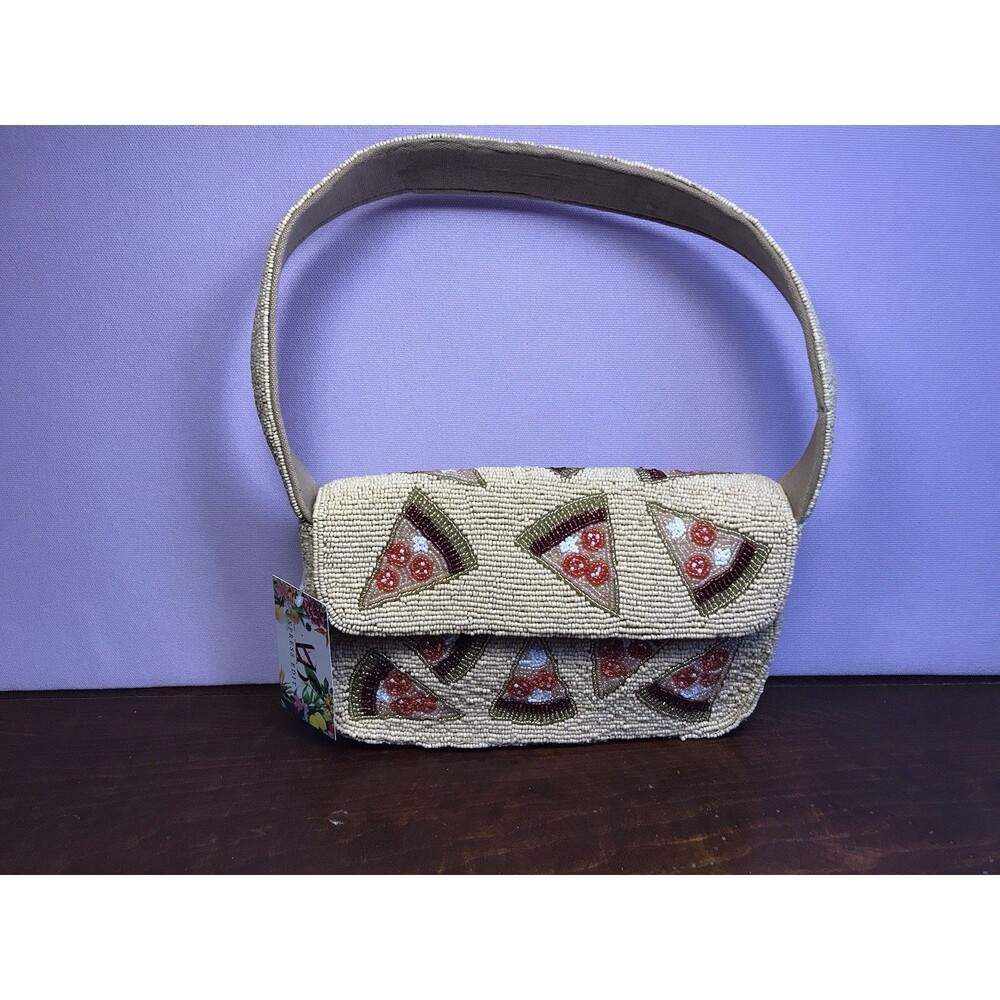 NWT Beaded Bag by Express Edit Tan/Red/Gold Pizza Slice Shoulder Bag New